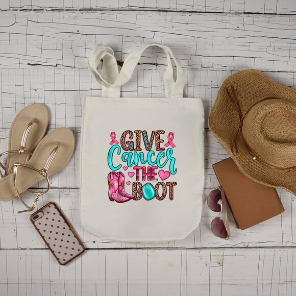Handmade Handbags - Give Cancer The Boot Awareness Heavy Canvas Custom Tote Bag